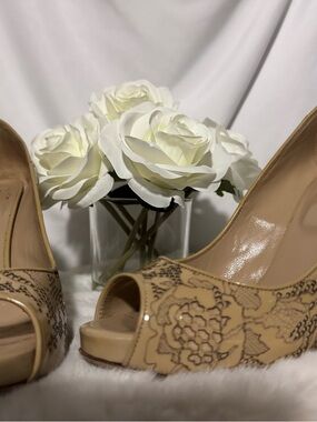 Valentino Women’s Beige Peep-Toe Heels with Floral Overlay
